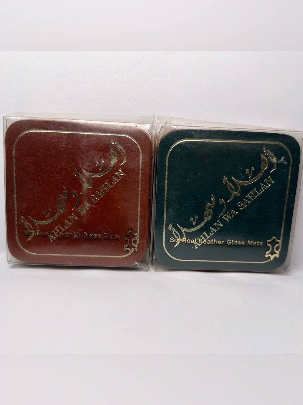 Arabic Real Leather Glass Mat Welcome Coasters-2 Sets-12 Total-NEW-From Lebanon
